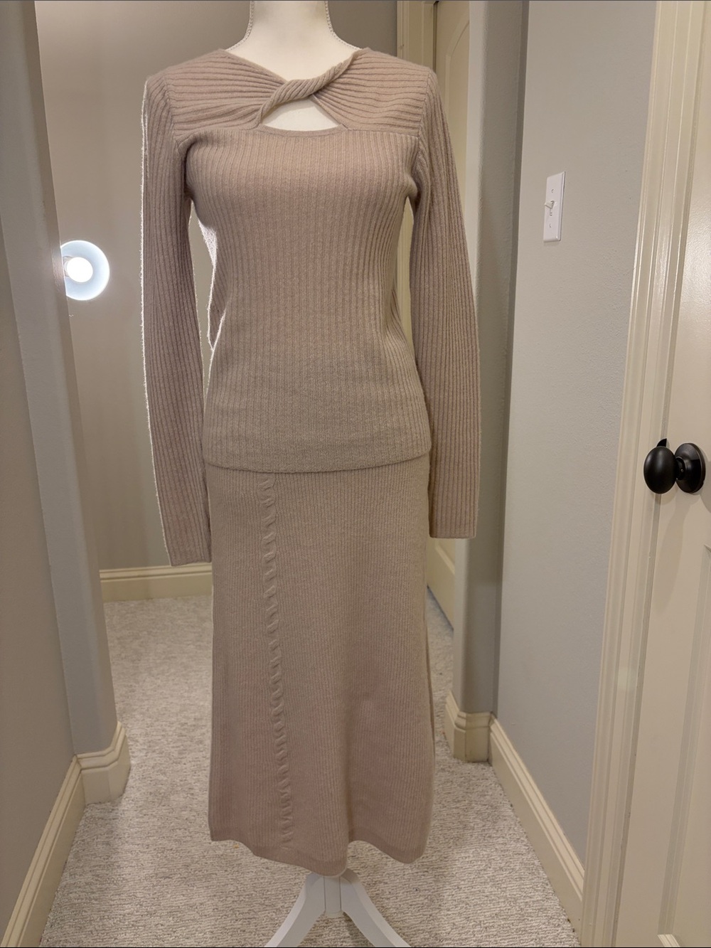 Design History Cashmere Twist-Neck Ribbed Sweater & Skirt Set - Beige Taupe